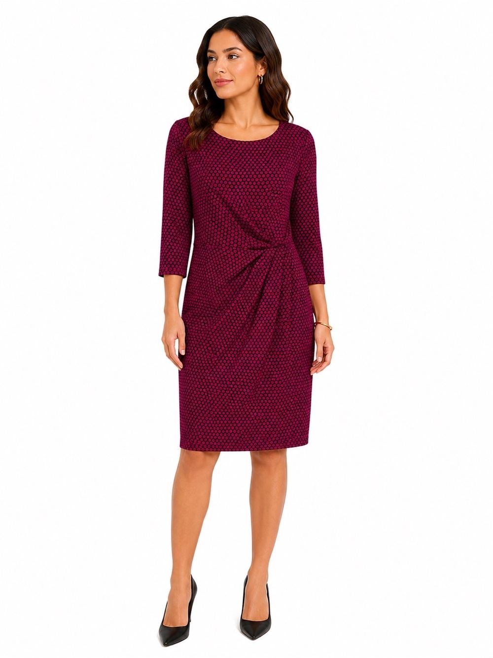 Ann Taylor Burgundy & Black Polka Dot Faux Wrap Midi Dress Size M